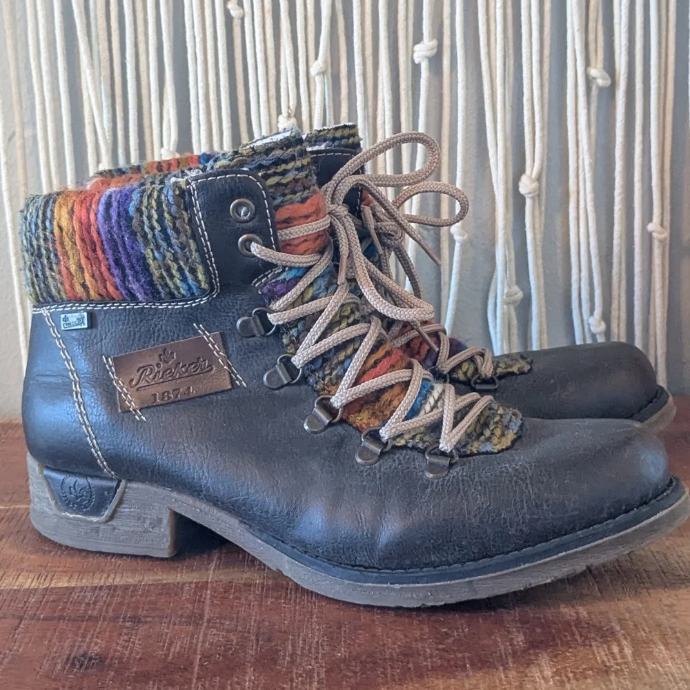 Rieker Black Leather Lace-Up Ankle Boots with Multi-Color Knit Cuff - Size 41